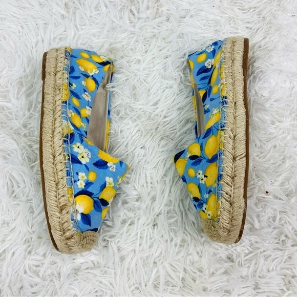 NWOT ANN TAYLOR blue & yellow lemon print tapestry summer espadrille shoes SZ 6 - Picture 6 of 17
